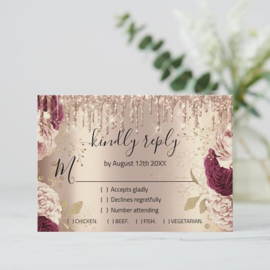 Bruiloft Glitter Bruidsroos Gouden Krans Druppels RSVP Kaartje (Staand voorkant)