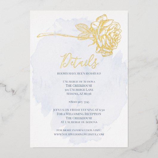 BRUILOFT | Goud Roos met goudmakreel op Dusty Blue Folie Uitnodiging (Voorkant)