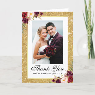 Bruiloft Gouden Glitter Bourgogne Bloemen Foto Fol Bedankkaart