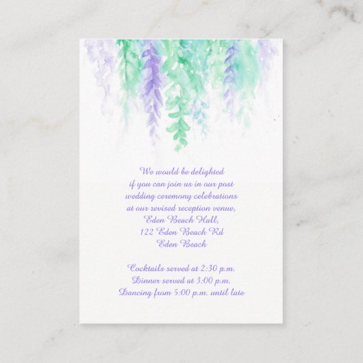 Bruiloft groene bloem cascade info bijsluiter kaar informatiekaartje (Achterkant)