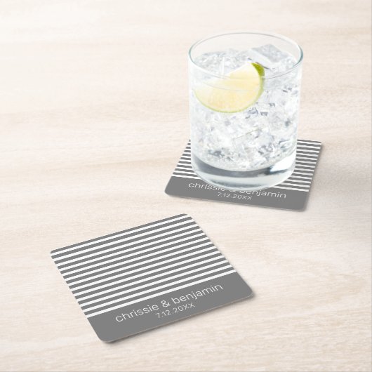 Bruiloft gunst bruid bruidegom datum strepen grijs vierkante kartonnen onderzetter (Insitu)