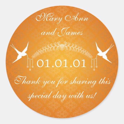 Bruiloft gunst Label Vogels & Diamanten Sinaasappe (Voorkant)