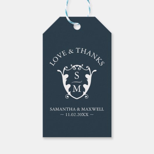 Bruiloft gunst Labels Navy Blue Monogram Crest Cadeaulabel (Voorkant)