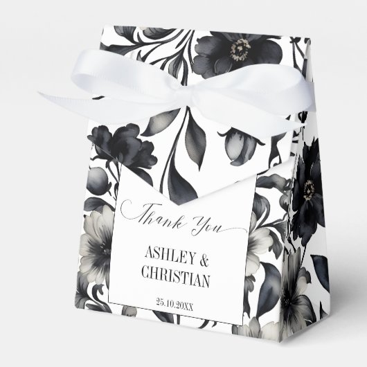 Bruiloft gunsten zwart en wit bloemen bedankdoosjes (Voorkant Zijde)
