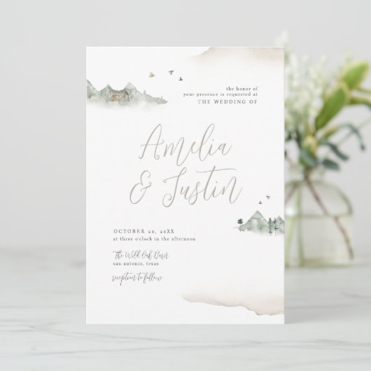 Bruiloft in bergbestemming met waterverf in bruine kaart (Staand voorkant)