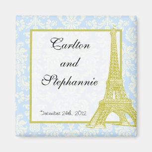 Bruiloft in Parijs Blauw Damast Magnet Favor Magneet