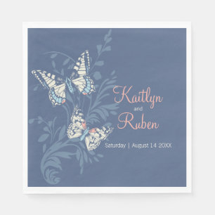 Bruiloft inkt kunst vlinders gedempt blauw en kora servet