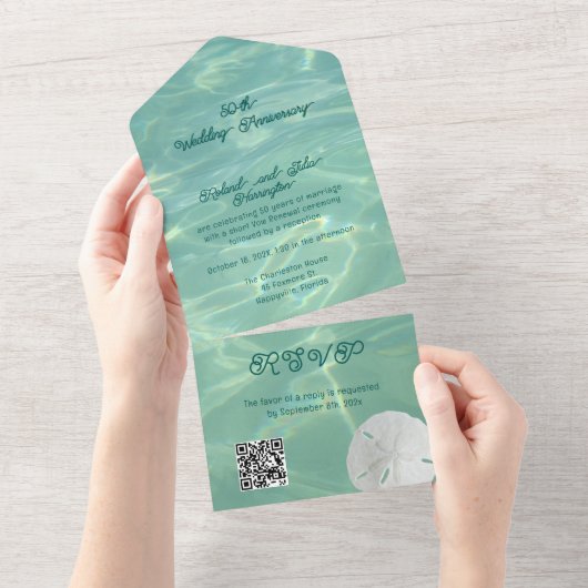 Bruiloft Jubileum Partij Zanddollar QR-code All In One Uitnodiging (Afscheurbaar)