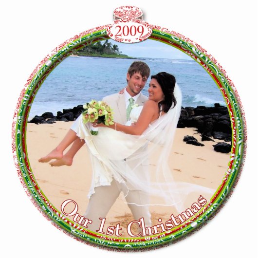 Bruiloft Kerst Ornament Onze 1e Kerstmis Fotobeeldje Ornament (Voorkant)
