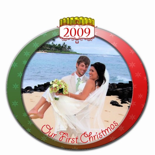 Bruiloft Kerst Ornament Onze 1e Kerstmis Fotobeeldje Ornament (Voorkant)