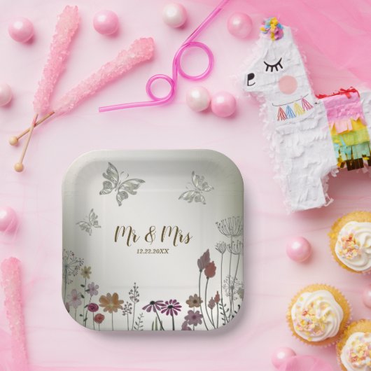 Bruiloft Kleurrijke Tuin Bloemen Vlinders Papieren Bordje (Feest)