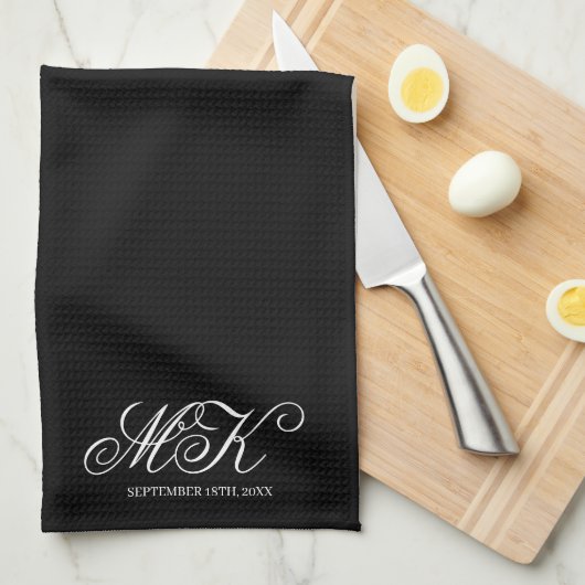 Bruiloft Koppels Initialen Script Monogram Zwart Theedoek (Quarter Fold)