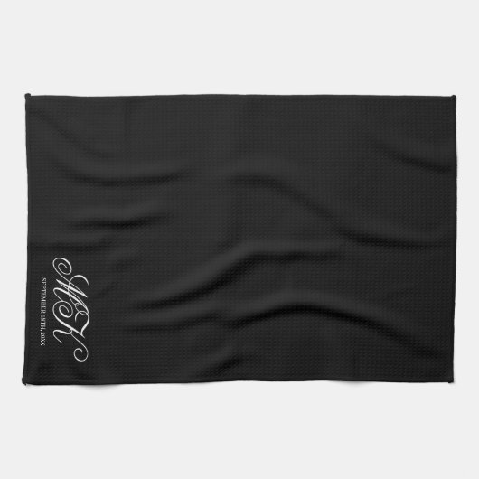 Bruiloft Koppels Initialen Script Monogram Zwart Theedoek (Horizontaal)