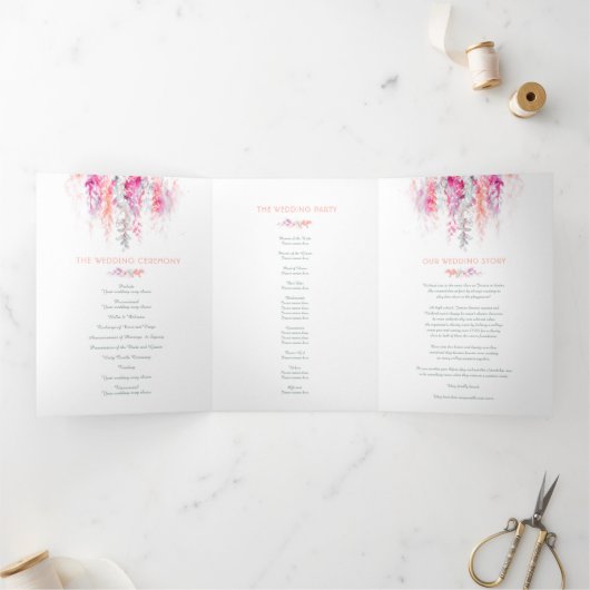 Bruiloft koraal rood sinaasappel groene bloemkunst drieluik programma (Binnen)