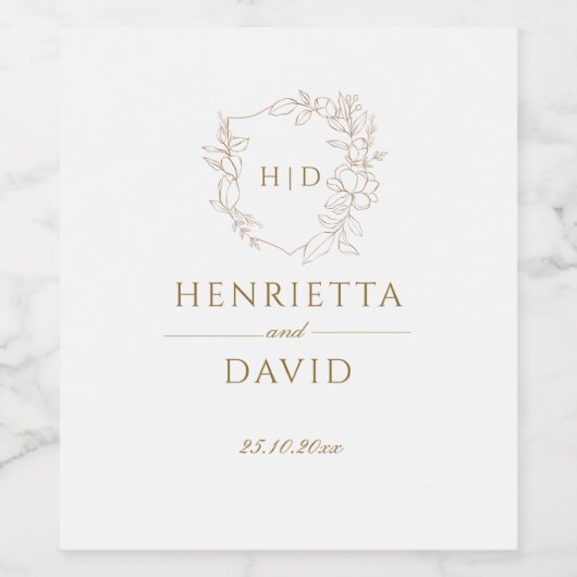 Bruiloft kuif botanisch goud elegant monogram wijn etiket (Enkel label)