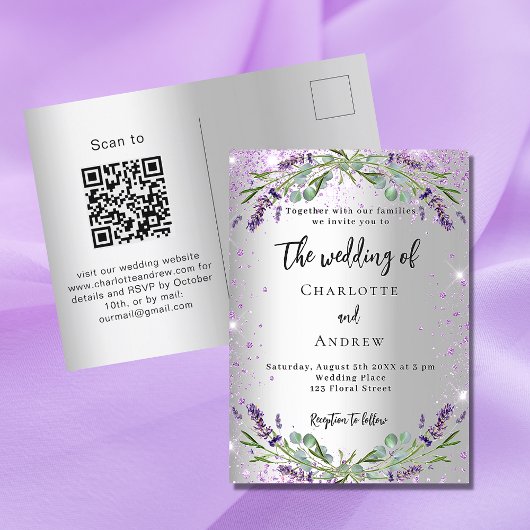Bruiloft lavendel zilver eucalyptus QR-code RSVP Uitnodiging Briefkaart