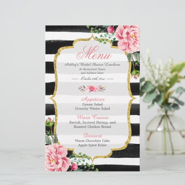 Bruiloft Luncheon Menu Klasse Bloemstrepen (Staand voorkant)