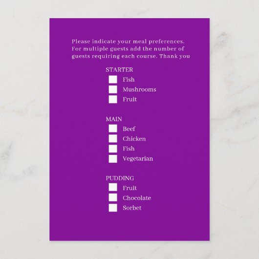 Bruiloft maaltijd keuze honing voorraad paarse blo informatiekaartje (Achterkant)