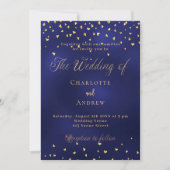 Bruiloft marine blauw gouden harten elegant script kaart (Voorkant)