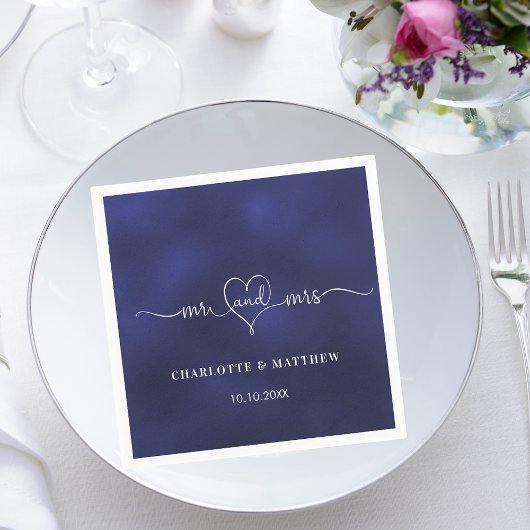 Bruiloft marineblauw mr mrs hart script eenvoudig servet