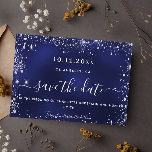 Bruiloft marineblauw zilveren glitter save the date