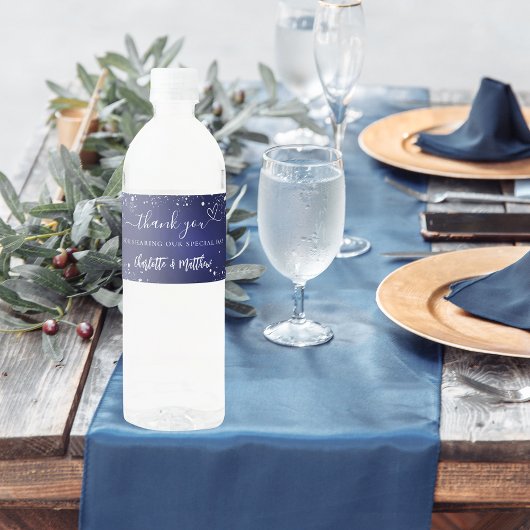 Bruiloft marineblauw zilveren sparkles hart dank u waterfles etiket
