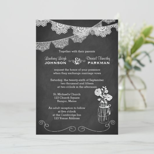 Bruiloft | Mason Jar, Lace Bunting | Chalkboard Kaart (Staand voorkant)