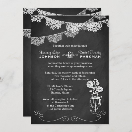 Bruiloft | Mason Jar, Lace Bunting | Chalkboard Kaart (Voorkant / Achterkant)