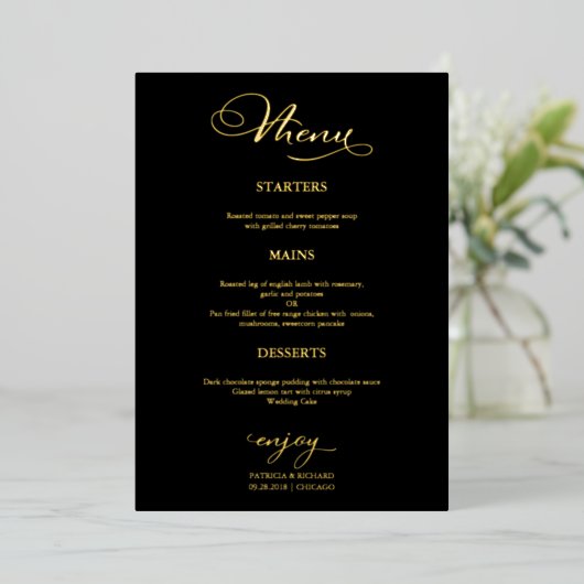 Bruiloft Menu Eenvoudig Elegant Zwart Goud Folie Uitnodiging (Staand Voorkant)
