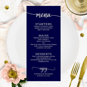 Bruiloft Menu Elegante kalligrafie Navy Blauw Zilv