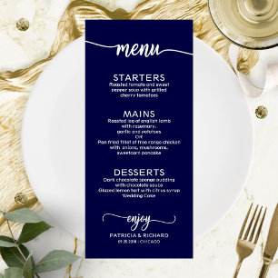 Bruiloft Menu Elegante kalligrafie Navy Blue