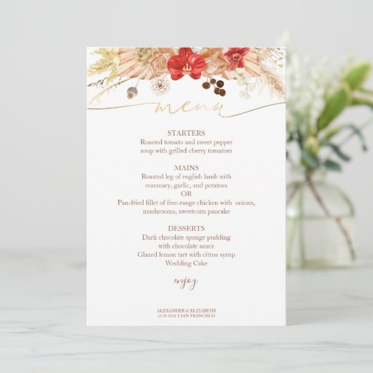 Bruiloft Menu Kaart vergulde Waterverf Boho Floral (Staand voorkant)