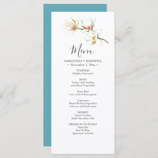 Bruiloft Menu Kaarten Waterverf Witte Bloemen (Voorkant / Achterkant)