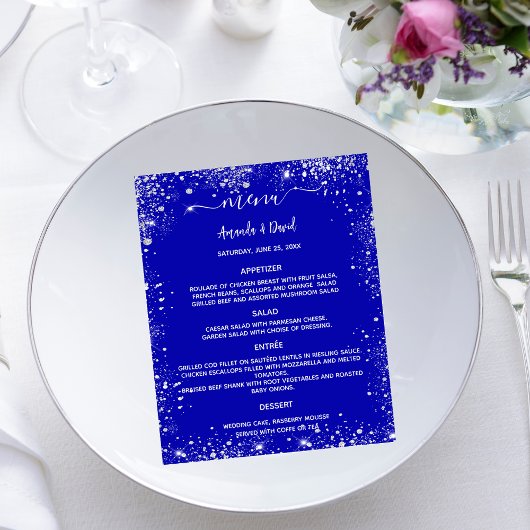 Bruiloft Menu koninklijk blauw zilver glitter budg