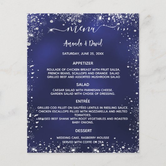 Bruiloft Menu marine blauw wit glitter budget (Voorkant)