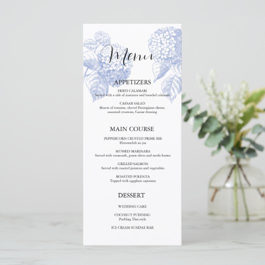 Bruiloft Menu met Blue Hydrangea (Staand voorkant)