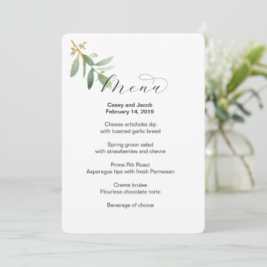 Bruiloft Menu met groen (Staand voorkant)