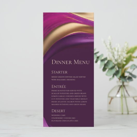 Bruiloft Menu-Modern Paarse Fuchsia en Goud Menu (Staand voorkant)