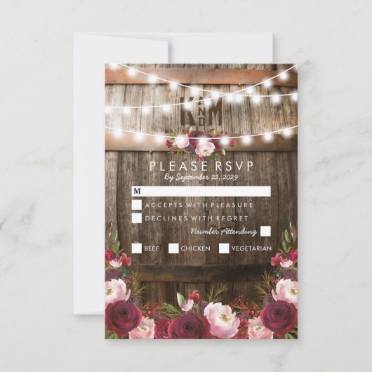 Bruiloft Menu Optie RSVP met Rustieke Bourgondië B (Voorkant)