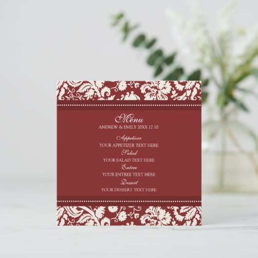 Bruiloft Menu Rood Bloemen Damask (Staand voorkant)
