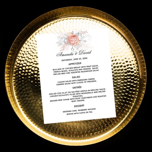 Bruiloft Menu roos gouden bloemen wit