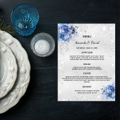 Bruiloft Menu zilveren blauwe bloemen elegant
