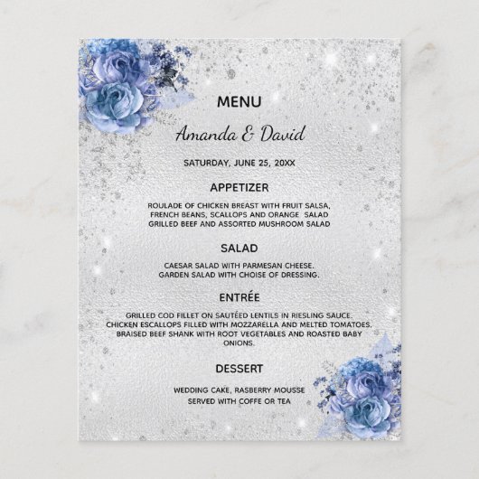 Bruiloft Menu zilveren blauwe bloemen elegant (Voorkant)