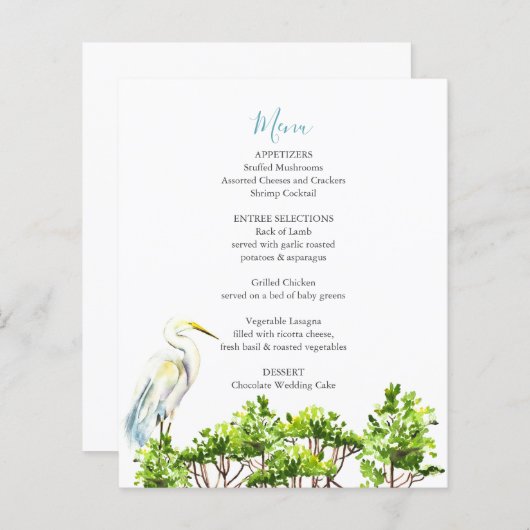 Bruiloft menu's Elegante grote witte heron mangrov (Voorkant / Achterkant)