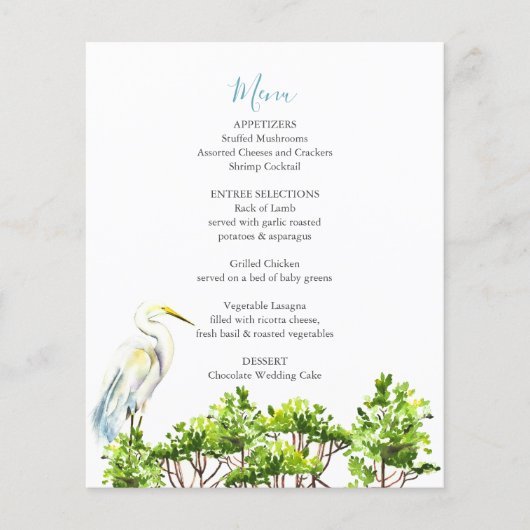 Bruiloft menu's Elegante grote witte heron mangrov (Voorkant)