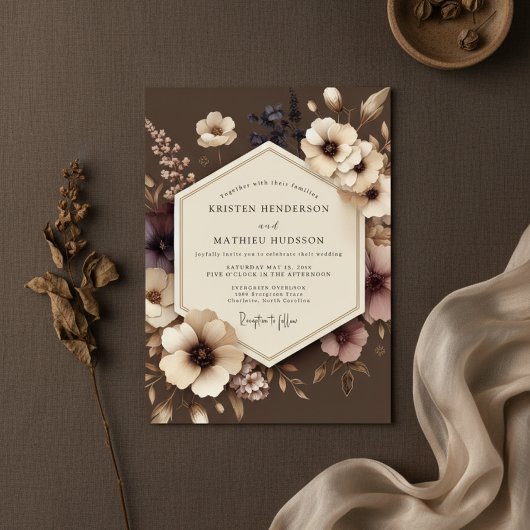 Bruiloft met bruine bloemen in nachttint kaart