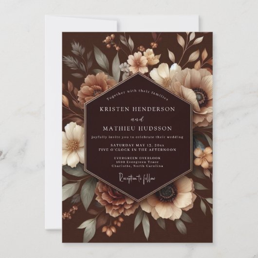 Bruiloft met bruine bloemen in rustieke stijl kaart (Voorkant)
