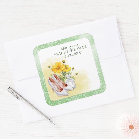Bruiloft met gele bloemen vierkante sticker (Envelop)