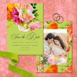 Bruiloft met levendige zomerbloemen limoen oranje save the date