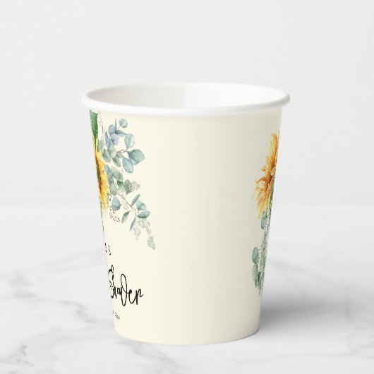 Bruiloft met rustieke zonnebloem en eucalyptus gro papieren bekers (Links)